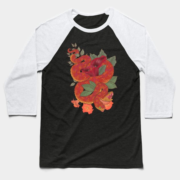 Red Bush Viper with Lilies Baseball T-Shirt by starrypaige